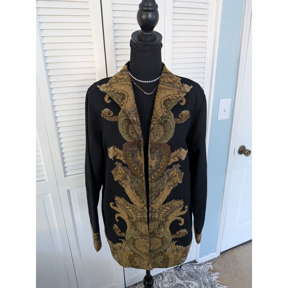 Anu 100% Wool Cardigan Womens L Black Gold Tapestry Boho Retro ArtTo Wear Jacket
